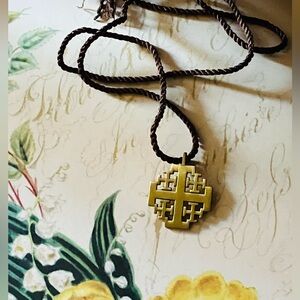 Terra Sancta Guild (TSG) Israel a Jerusalem Cross Pendant Long Silk Brown Cord